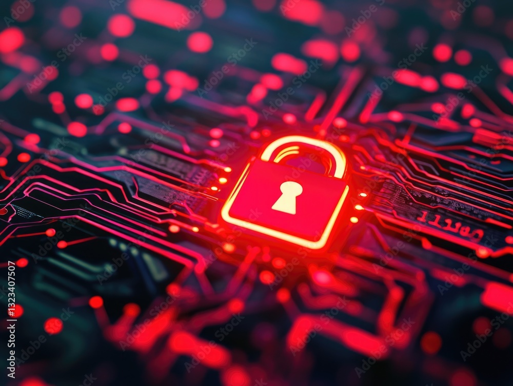 Poster a close-up of a red padlock secured on a electronic circuit board