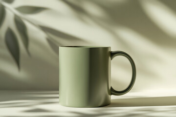 Obraz premium Elegant sage green ceramic mug on a neutral surface with soft natural lighting and leaf shadows. Perfect for branding, product showcases, and design presentations