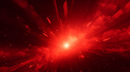 Fototapeta premium Red cosmic explosion with glowing light and scattered particles in deep space