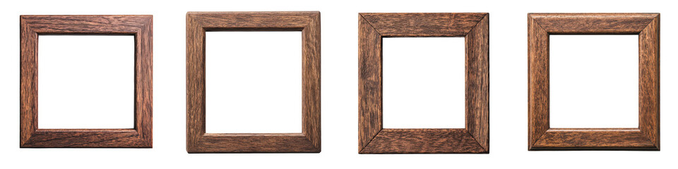 Vintage wooden frames of various sizes and designs arranged on a wall creating a rustic and elegant display for showcasing artwork photographs or other decorative items  The frames have a distressed