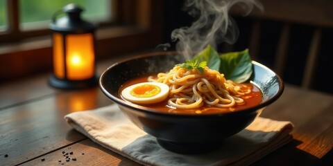 Warm comforting noodle soup with soft boiled egg and fresh herbs in a rustic setting