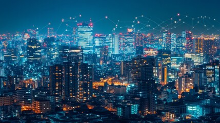 Obraz premium Connected City Skyline Illuminated Urban Landscape with Glowing Data Network at Twilight