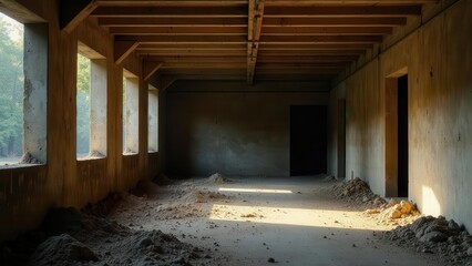 Sunlit Interior of an Unfinished Building with Piles of Dust and Debris