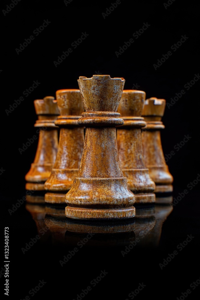 Poster a set of wooden chess pieces arranged on a dark background, suitable for use in strategic planning o