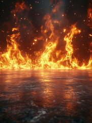 Flames rise from a reflective surface in a dark space