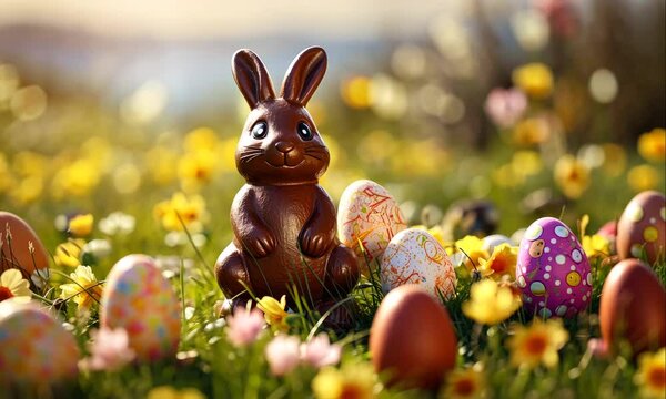 tasty chocolate easter bunny in sping meadow on sunny day animation