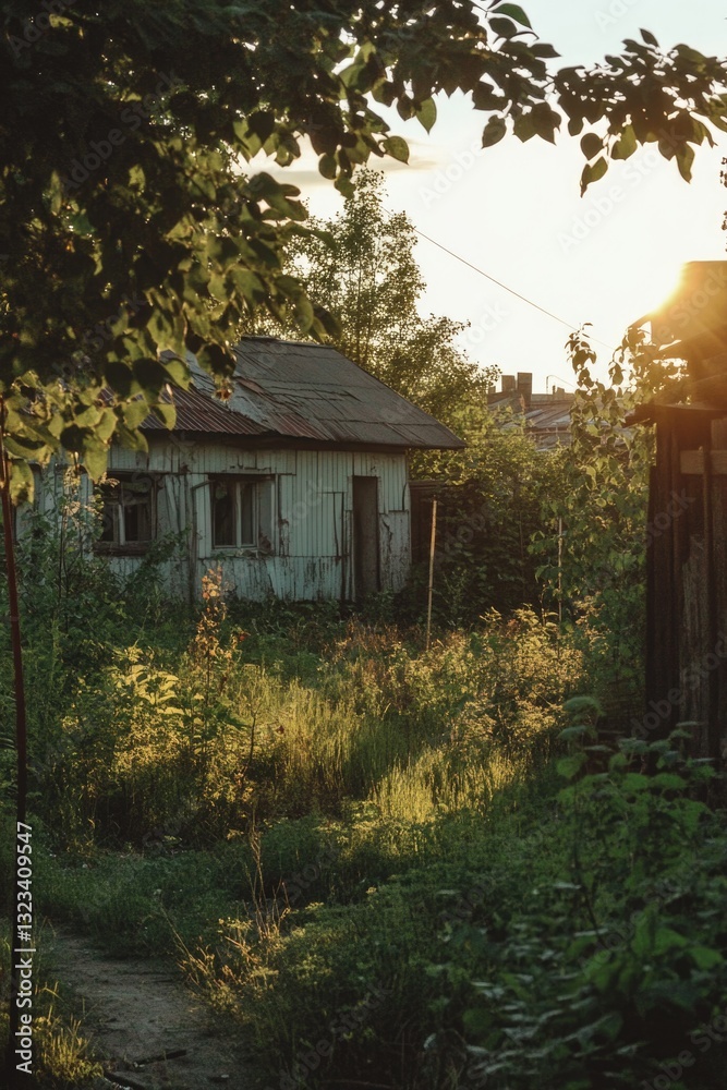 Poster rural property with aged architecture and surrounding landscape