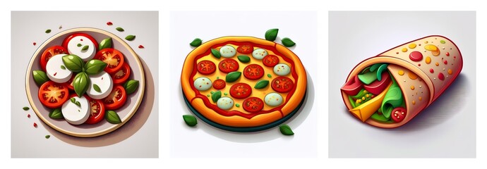 Three dishes displayed: a fresh salad with tomatoes, mozzarella and basil, a pepperoni pizza, and a vegetable wrap. Delicious food options.