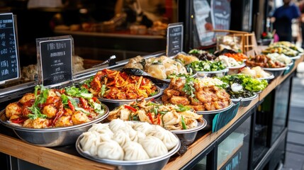 Obraz premium Colorful Street Food Stall with Variety of Asian Dishes Displayed