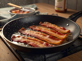 Fototapeta premium Sizzling bacon cooking process home kitchen food photography bright indoor environment close-up view culinary delight