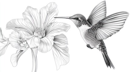 Obraz premium Hummingbird feeding on hibiscus flower, white background, nature art (1)