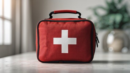 Red first aid kit, symbolizing emergency preparedness, health, and safety