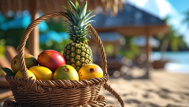asket with fruits on the beach, symbolizing tropical freshness and summer relaxation