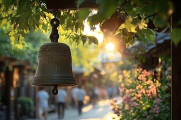 Fototapeta premium Bronze Bell Hanging Amidst Green Leaves at Sunset