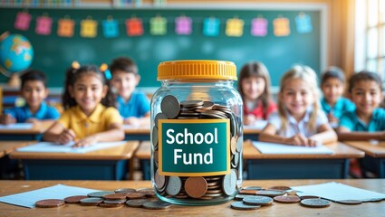 Jar of coins with "School Fund" label against classroom background, symbolizing educational charity and support