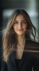 Obraz premium A woman with long hair and a black jacket, standing in a pose