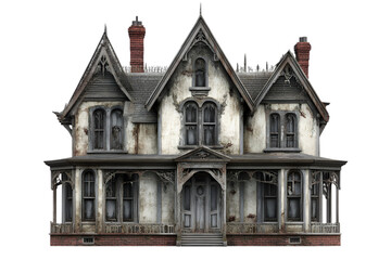 A hauntingly beautiful Victorian house with intricate architecture, featuring peeling paint, crooked windows, and an eerie ambiance.