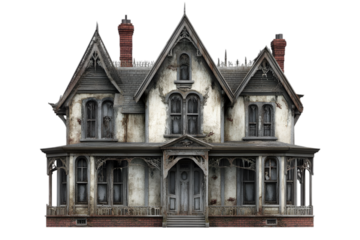 A hauntingly beautiful Victorian house with intricate architecture, featuring peeling paint, crooked windows, and an eerie ambiance.