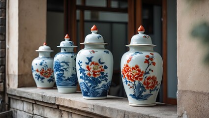 Colorful porcelain vases with floral patterns positioned on a stone ledge against a backdrop of wooden windows in a serene outdoor setting.