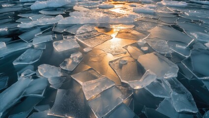 Shimmering ice shards reflecting warm sunlight in a tranquil blue background creating a serene and elegant atmosphere for home decor.