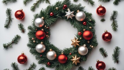 Rustic Christmas wreath adorned with red and silver ornaments positioned centrally on a white background with scattered pine branches and copy space