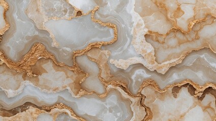 Brown and cream onyx marble texture with smooth, wavy patterns and golden seams, ideal for elegant home decor and tile design.