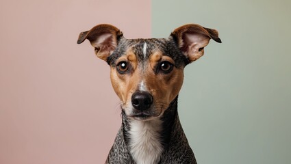 Obraz premium Cute dog portrait against a split pastel background featuring light pink and green hues, showcasing expressive features and attentive gaze.