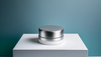 chrome button on white cube minimalist product display stand
