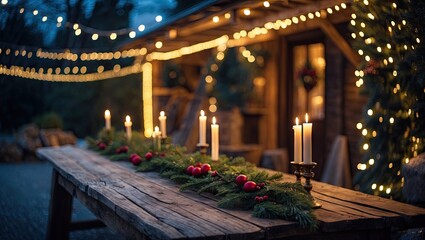 Obraz premium Rustic wooden table adorned with candles and greenery in foreground, vibrant Christmas lights illuminating cozy evening atmosphere in background