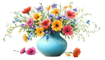 Colorful Flower Bouquet in Teal Vase on transparent background