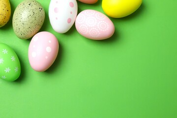 Happy Easter. Colorful eggs on color background, space for text or advertising