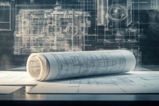 Rolled blueprints on desk with technical drawings background.