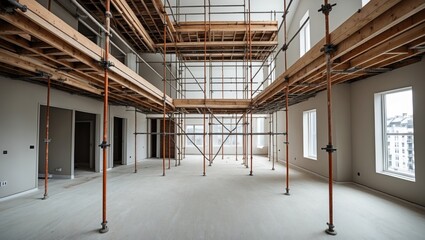 Spacious modern duplex apartment under construction with wooden beams and scaffolding, illuminated by natural light from large windows.
