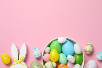 Happy Easter. Colorful eggs with bunny ears on color background, space for text or advertising