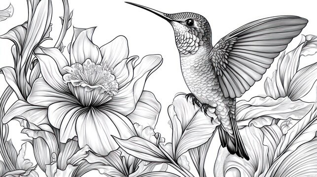 Hummingbird hovering near blooming flower, garden background, nature illustration