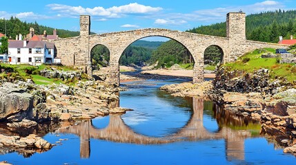 Fototapeta premium Picturesque Stone Bridge Reflecting Over Still Waters of River Surrounded by Lush Green Landscape