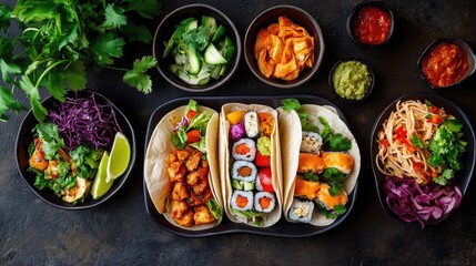Gourmet Platter of Tacos, Sushi, Noodles and Fresh Vegetables
