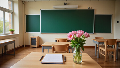 Vacant schoolroom with teacher's desk and bouquet of flowers, reflecting end of school year