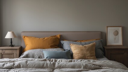 Cozy bedroom with a soft gray wall, warm yellow and blue cushions on a bed, and a classic black lamp beside a wooden nightstand.