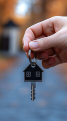 Realistic human hand holding silver key with house-shaped keychain at home entrance