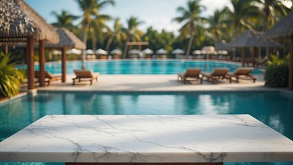 Luxurious marble table in foreground by tranquil pool surrounded by palm trees and thatched cabanas reflecting serene tropical paradise vibes