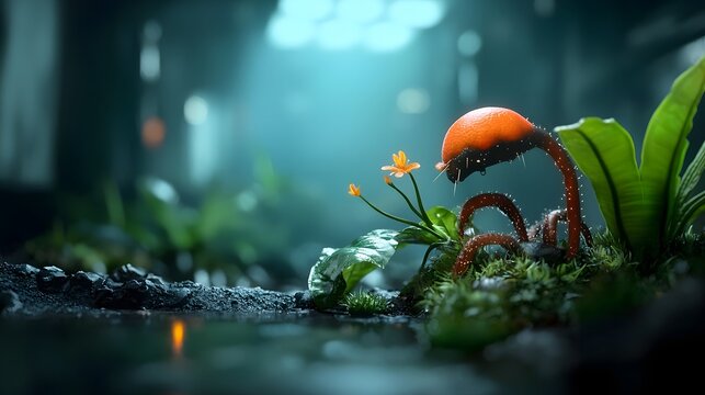 Luminous bio luminescent vegetation thrumming with digital intelligence blurring the lines between nature and technology  Intricate swirling bioluminescence in an otherworldly