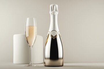 Bottle of champagne with a glass on a reflective surface