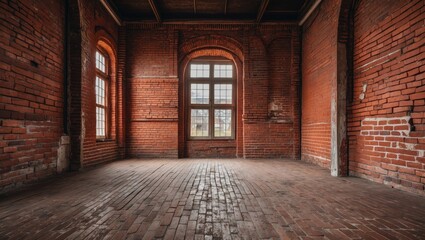 Empty vintage room featuring red retro brick walls and large windows, light streaming in, wooden floorboards, spacious and atmospheric.