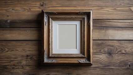 Wooden picture frame centrally positioned on a rustic wooden surface featuring warm brown tones and intricate detailing for an elegant decor aesthetic.