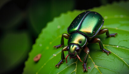 Close-up of a shiny metallic green beetle resting on a vibrant green leaf in soft natural light