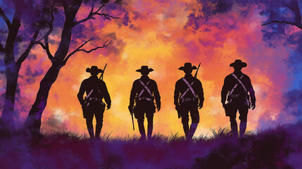 Fototapeta premium Dramatic Scene with Silhouetted Men and Colorful, Abstract Sky.