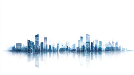 Obraz premium A futuristic city skyline in blue tones, reflecting on a smooth surface, evoking a sense of modernity and innovation.