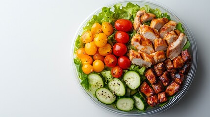 Vibrant colors bring life to this cobb salad featuring crisp greens, juicy tomatoes, tender chicken, and crunchy cucumbers, all neatly arranged in a plastic container for easy enjoyment