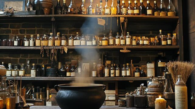 Herbal potion brewing in a magical apothecary filled with vintage bottles